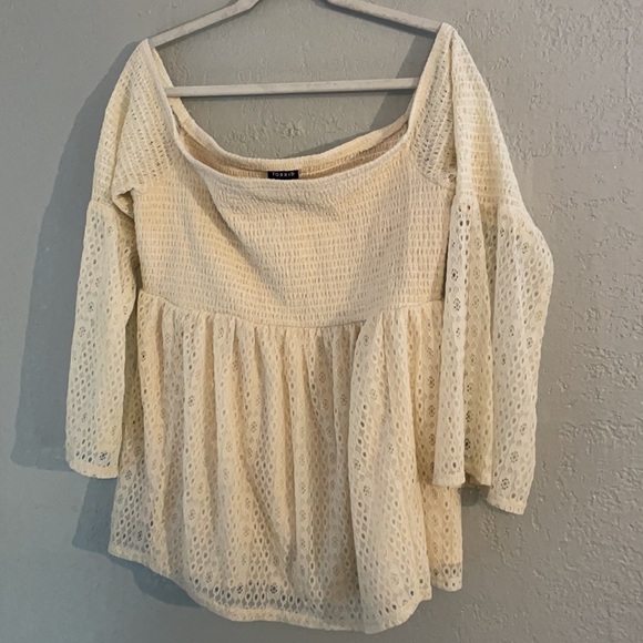 Torrid Ivory Smocked Off Shoulder Lace Top - Picture 3 of 11